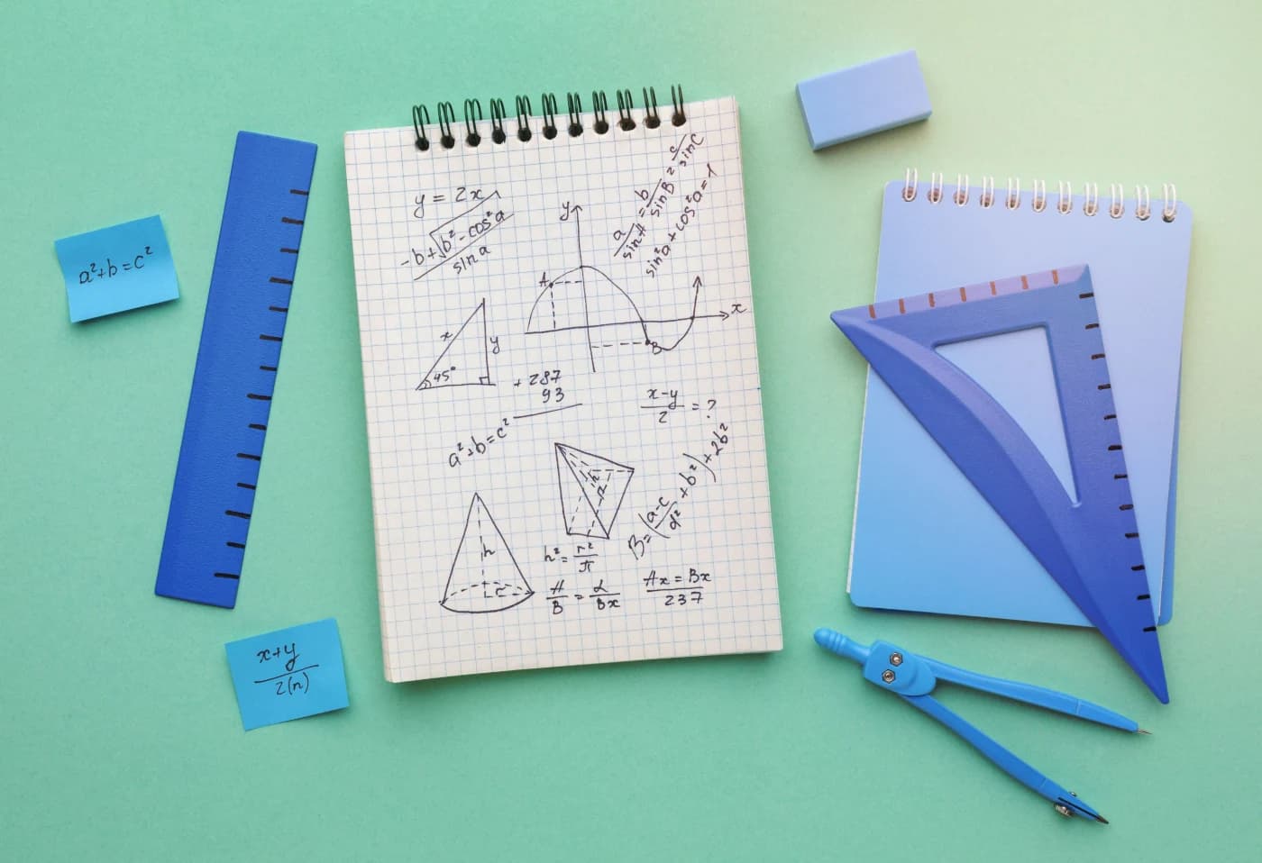 Notatnik z wzorami i wykresami oraz przybory geometryczne na zielonym tle.